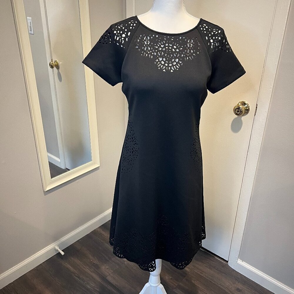 T Tahari Black Laser Cut Scallop Trim Midi Dress, Size 4